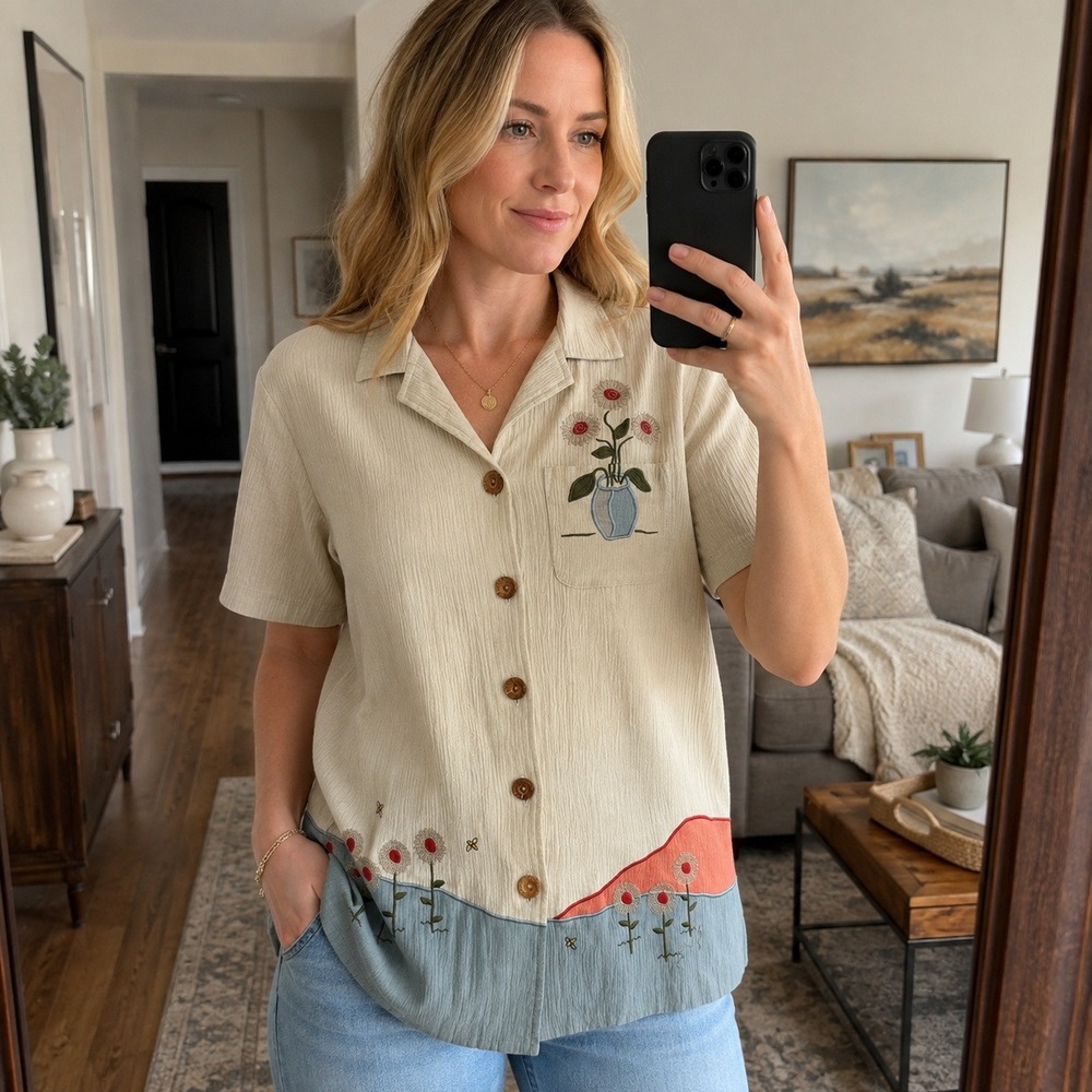 Vintage Teddi Women's M Embroidered Floral Colorblock Button Up Shirt